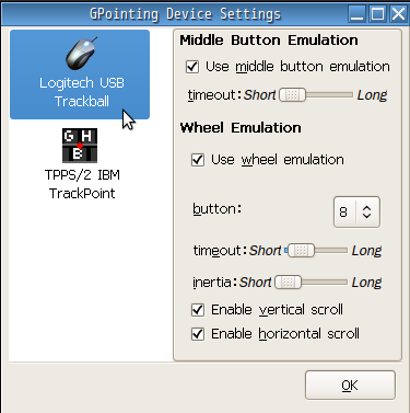 Trackball in gpointing device settings